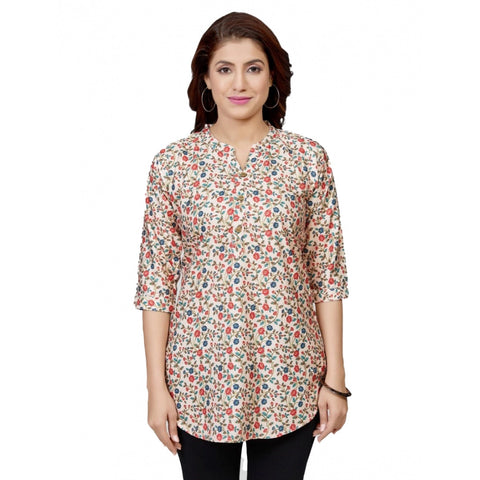 Generic Women's Poly Crepe Mandarin Collar 3/4 Sleeves Short Top (Beige)
