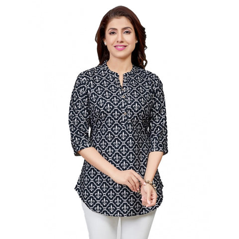 Generic Women's Poly Crepe Mandarin Collar 3/4 Sleeves Short Top (Black)