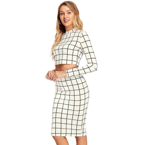 Generic Women's Polyester Checkered Full Sleeves Stand Collar Crop Top Skirt Set (White)