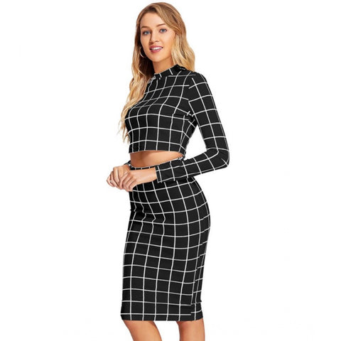 Generic Women's Polyester Checkered Full Sleeves Stand Collar Crop Top Skirt Set (Black)