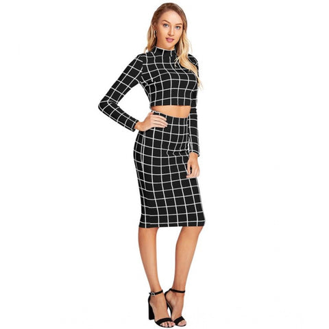 Generic Women's Polyester Checkered Full Sleeves Stand Collar Crop Top Skirt Set (Black)