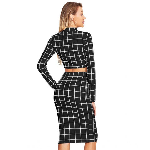Generic Women's Polyester Checkered Full Sleeves Stand Collar Crop Top Skirt Set (Black)