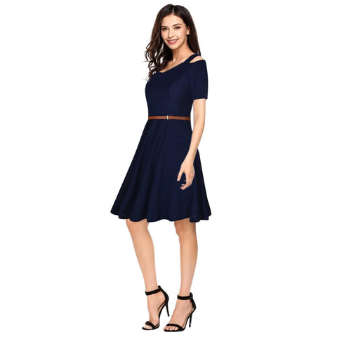 Generic Women's Polyester Solid V Neck Cap Sleeve Dress (Blue)