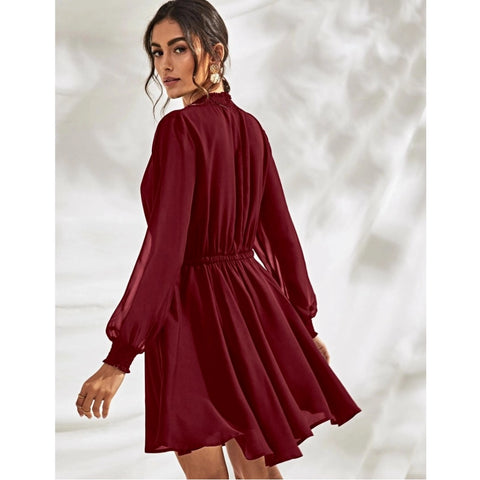 Generic Women's Fox Georgette Solid High Neck Full Sleeve Dress (Maroon)