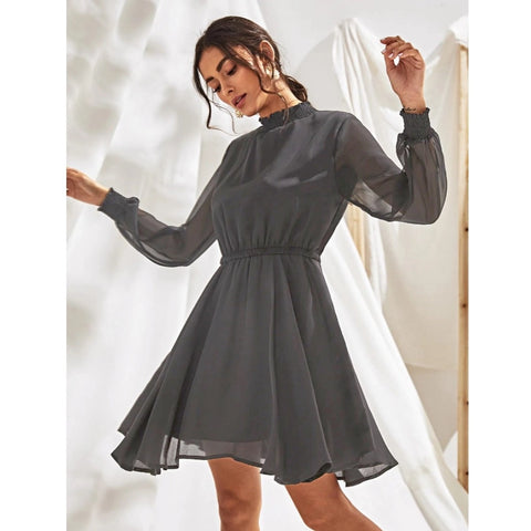 Generic Women's Fox Georgette Solid High Neck Full Sleeve Dress (Grey)