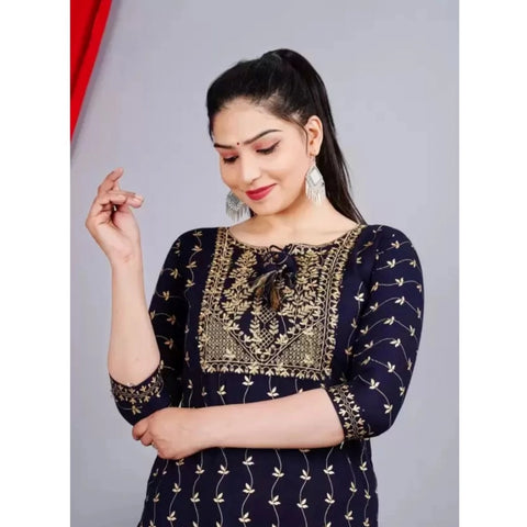 Generic Women's Cotton Printed 3-4th Sleeve Calf Length Kurti with Pant Set (Blue)