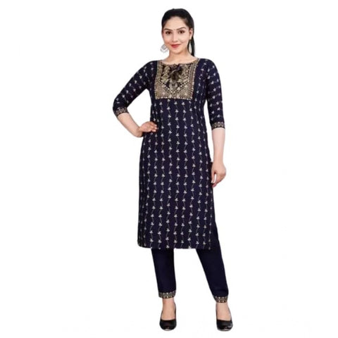 Generic Women's Cotton Printed 3-4th Sleeve Calf Length Kurti with Pant Set (Blue)