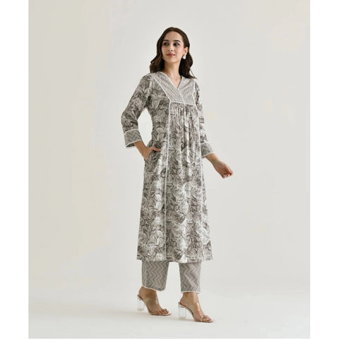 Generic Women's Cotton Blend Printed V Neck Kurti with Pant Set (Grey)