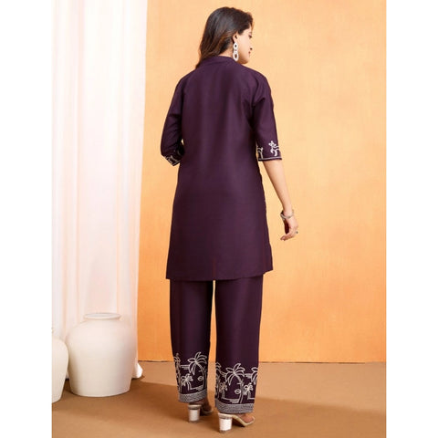 Generic Women's Viscose Rayon Embroidered Chinese Collar Kurti with Pant Set (Wine)