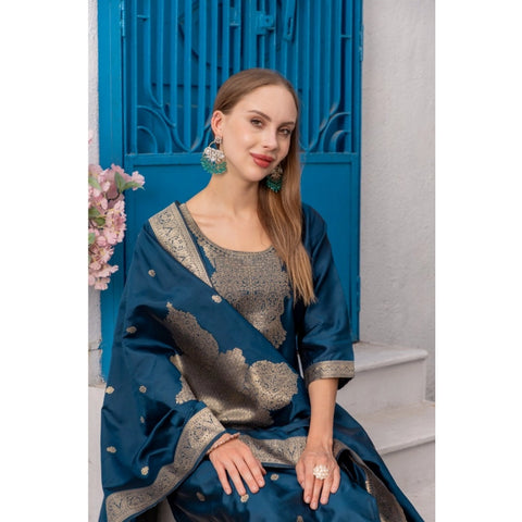 Generic Women's Cotton Blend Printed Round Neck Kurti with Pant and Dupatta Set (Blue)