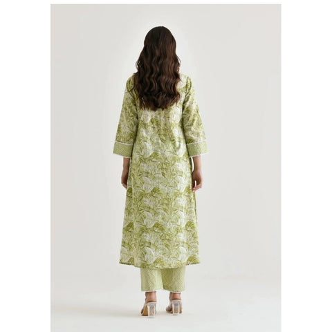 Generic Women's Cotton Blend Printed V Neck Kurti with Pant Set (Green)