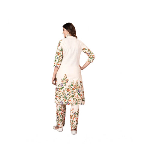 Generic Women's Cotton Printed 3/4th Sleeve Kurti With Pant (Cream )