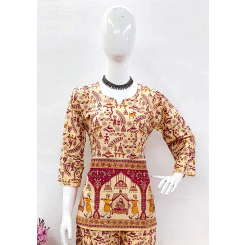 Generic Women's Cotton Jaipuri Printed 3-4th Sleeve Co ord Set (Multicolor)
