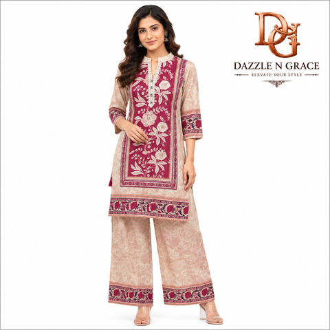 Women’s Premium Floral Printed Straight Kurta with Palazzo Set – Beige & Wine | Elegant Ethnic Wear by Dazzle N Grace