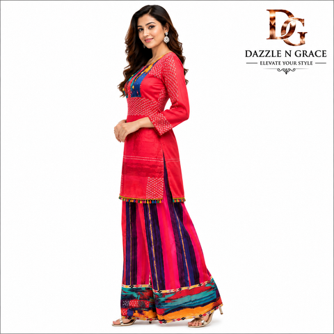 Women’s Red Printed Kurti with Multicolor Palazzo Set | Ethnic Fusion Co-Ord Set