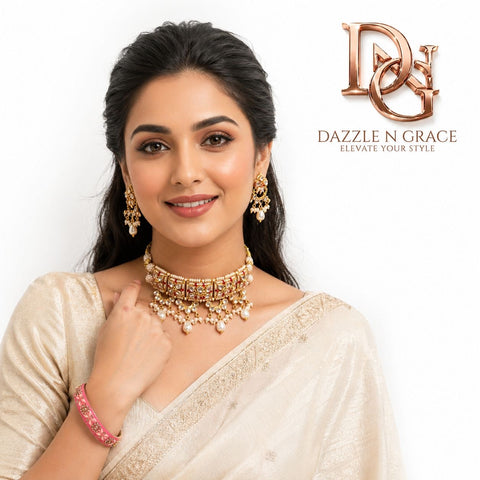 Royal Kundan Pearl Choker Necklace Set with Earrings | Bridal & Festive Jewellery