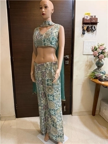 Toral Teal Green Printed Crop Top with Wide-Leg Pants & Dupatta | Ethnic Block Print Scallop | Festive Party