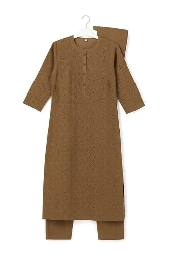 Aesha Cream Embroidered Long Kurti with Pant Set | Chikan Eyelet Floral Cutwork Cotton Blend | Brown Olive Green