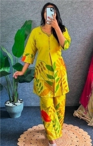 Swarit Leaf Print Cotton Coord Set with Handwork Neckline | Mirror Bead V-Neck 3/4 Sleeve Wide Pants | Up to XXXL Everyday Casual
