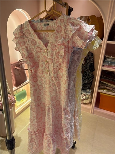 Women’s Crinkled Floral Cotton Frock — Ruffle Sleeves in 6 Pastel Colours | Free Size