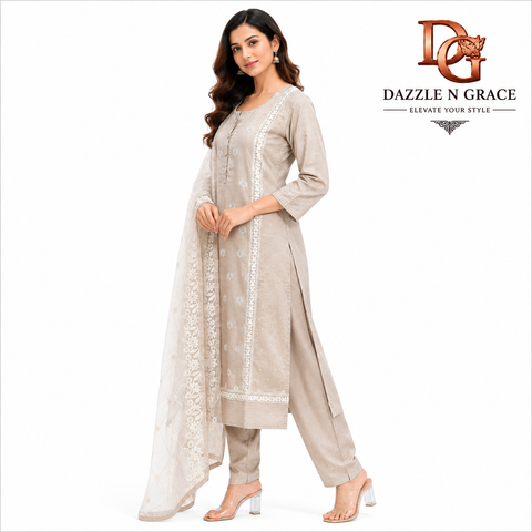 Beige Embroidered Cotton Suit Set with Organza Dupatta for Women