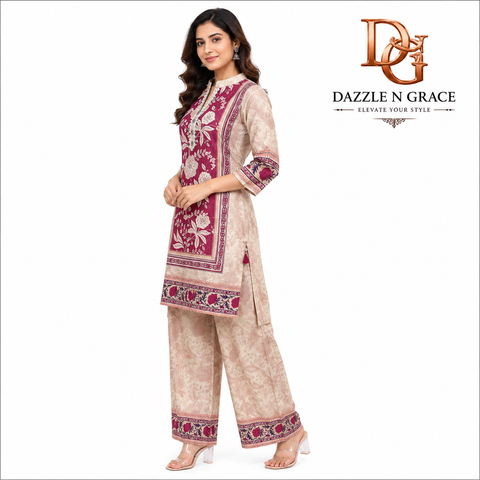 Women’s Premium Floral Printed Straight Kurta with Palazzo Set – Beige & Wine | Elegant Ethnic Wear by Dazzle N Grace
