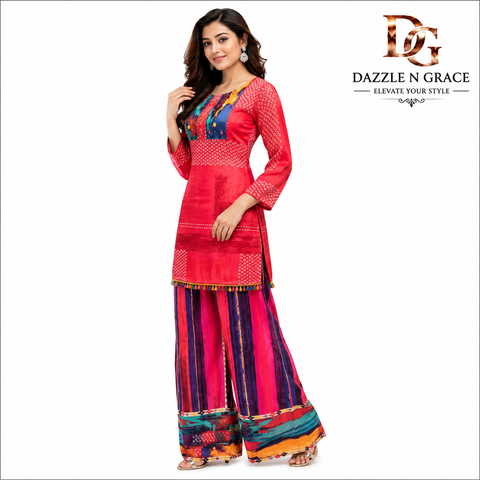 Women’s Red Printed Kurti with Multicolor Palazzo Set | Ethnic Fusion Co-Ord Set