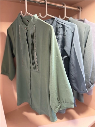 Mish Solid Mandarin Collar Kurta — Pintuck & Embroidery Detail in Pastel Shades