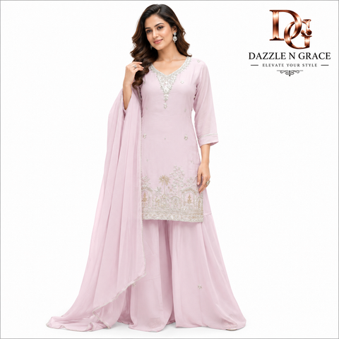 Blush Pink Embroidered Palazzo Suit Set with Chiffon Dupatta for Women | Festive & Party Wear Ethnic Suit