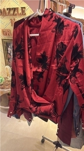 Satin Drape Top — Deep V-Neck Luxe Blouse with Pearl Button Cuffs