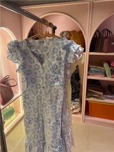 Womens Crinkled Floral Cotton Frock with Ruffle Sleeves