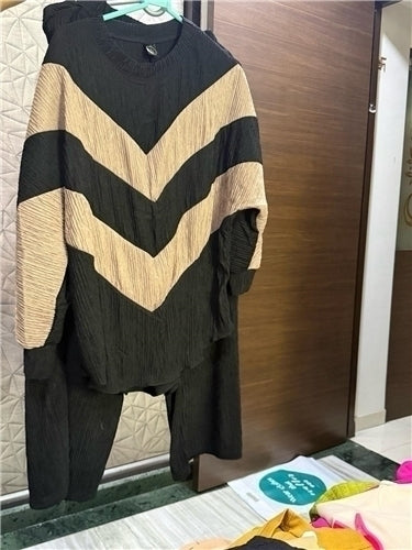 Thailand Women Pleated Coord Set with Chevron Striped Top | Polyester Free Size | Travel Brunch
