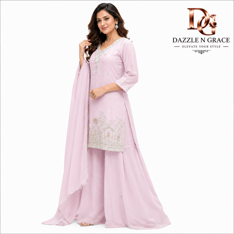 Blush Pink Embroidered Palazzo Suit Set with Chiffon Dupatta for Women | Festive & Party Wear Ethnic Suit