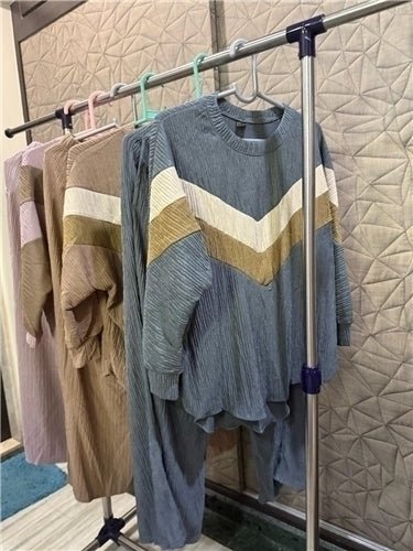 Thailand Women Pleated Coord Set with Chevron Striped Top | Polyester Free Size | Travel Brunch