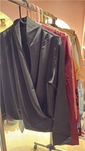 Satin Drape Top — Deep V-Neck Luxe Blouse with Pearl Button Cuffs