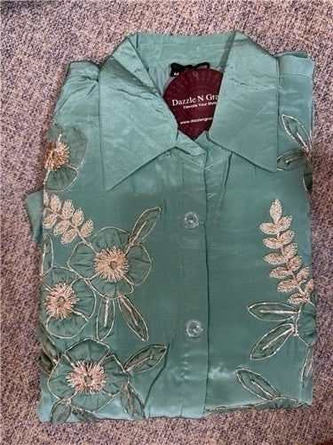 Puja Pastel Green Floral Embroidered Shirt-Style Kurta with Pants | Metallic Thread Indo-Western