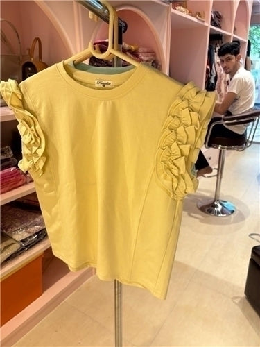 Ruffle Sleeve Cotton Top — Pastel Feminine Charm in Mint, Peach & Yellow