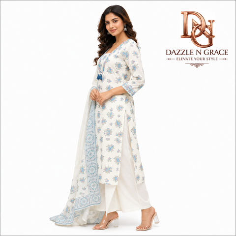 Women’s Off-White Floral Printed Cotton Kurta Palazzo Set with Dupatta | Elegant Ethnic Wear for Women