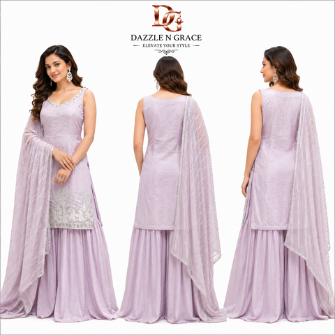 Lavender Embroidered Sharara Suit Set with Dupatta for Women | Festive & Party Wear Ethnic Ensemble
