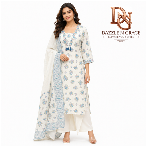 Women’s Off-White Floral Printed Cotton Kurta Palazzo Set with Dupatta | Elegant Ethnic Wear for Women