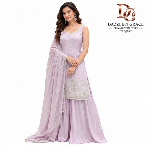 Lavender Embroidered Sharara Suit Set with Dupatta for Women | Festive & Party Wear Ethnic Ensemble