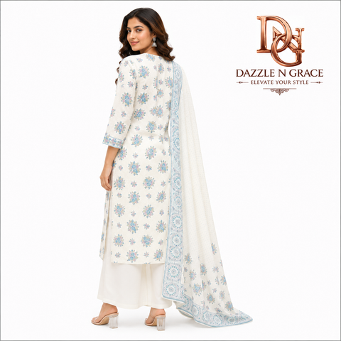 Women’s Off-White Floral Printed Cotton Kurta Palazzo Set with Dupatta | Elegant Ethnic Wear for Women