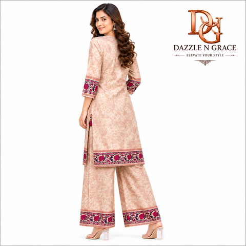 Women’s Premium Floral Printed Straight Kurta with Palazzo Set – Beige & Wine | Elegant Ethnic Wear by Dazzle N Grace