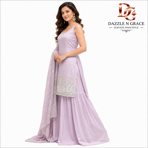 Lavender Embroidered Sharara Suit Set with Dupatta for Women | Festive & Party Wear Ethnic Ensemble