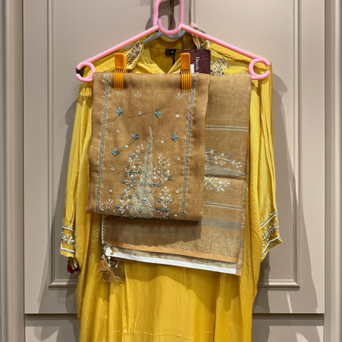 Antique Gold Peacock Embroidered Tissue Dress Material with Dupatta | Chanderi Zari Floral Tassel | Unstitched