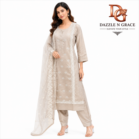Beige Embroidered Cotton Suit Set with Organza Dupatta for Women