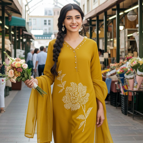 Aesha Mustard Yellow Floral Printed Kurti Set with Dupatta