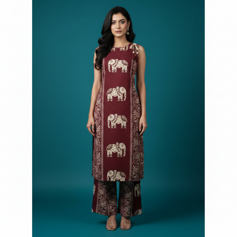 Maroon Elephant Print Cotton Sleeveless Kurta Pant Co-ord Set for Women
