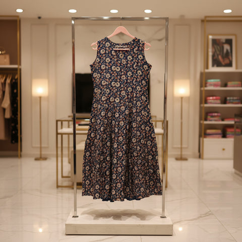 Navy Blue Floral Printed Long Kurti – Elegant Sleeveless Ethnic Wear for Women