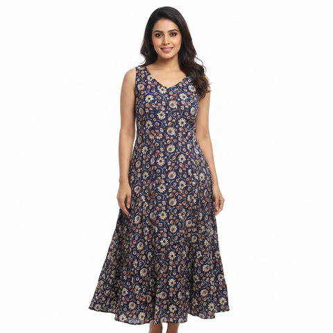 Navy Blue Floral Printed Long Kurti – Elegant Sleeveless Ethnic Wear for Women